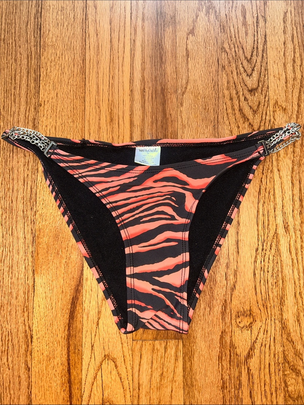 Wet Seal Women’s Coral and Black Zebra Print Bikini Bottom with Chain Trim